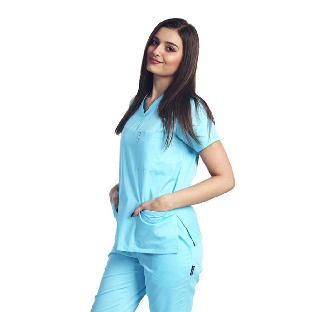 Halat de lucru menta dama cu anchior in V si trei buzunare aplicate