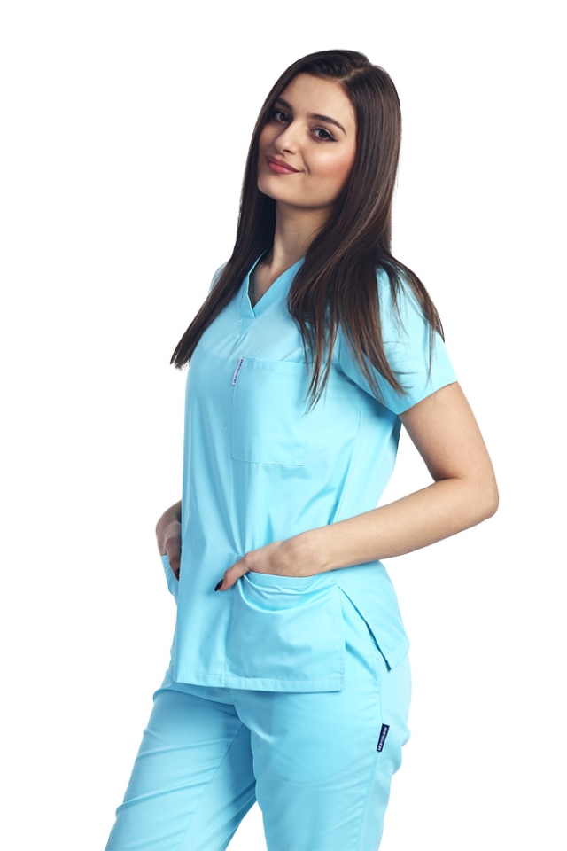 Halat de lucru menta dama cu anchior in V si trei buzunare aplicate