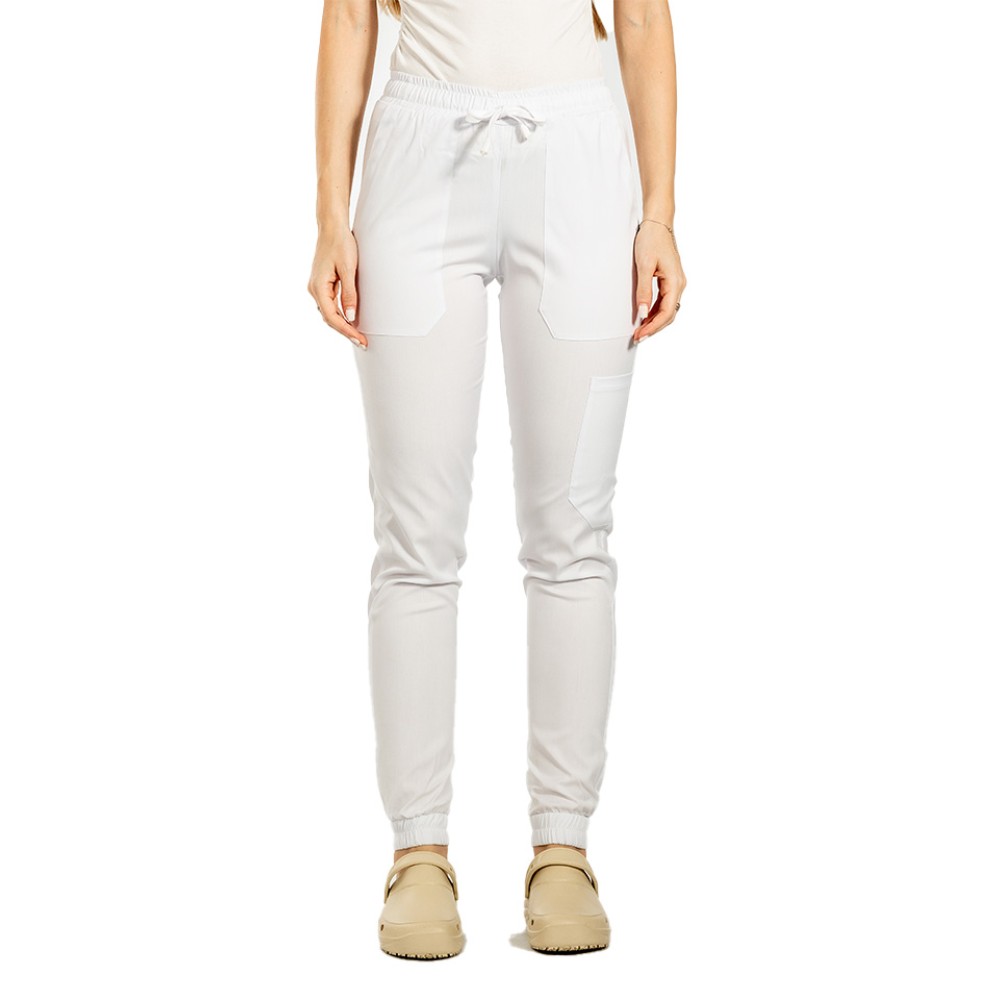 Pantaloni de lucru cu elastan tip jogger alb cu snur si elastic in talie si la glezna