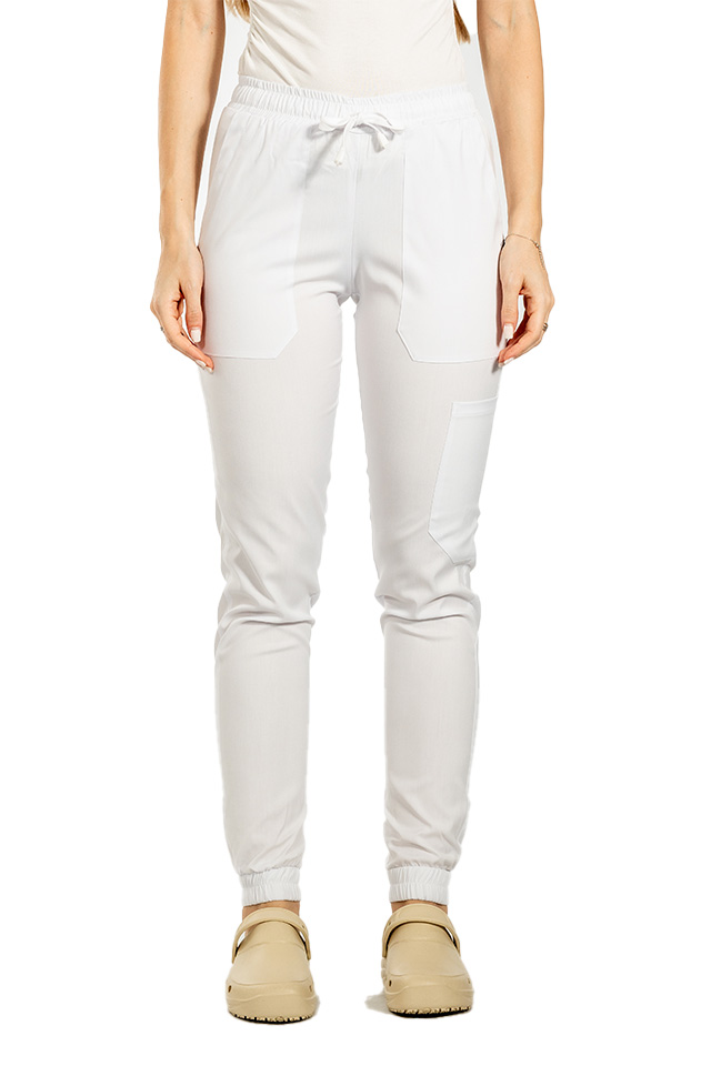Pantaloni de lucru cu elastan tip jogger alb cu snur si elastic in talie si la glezna..