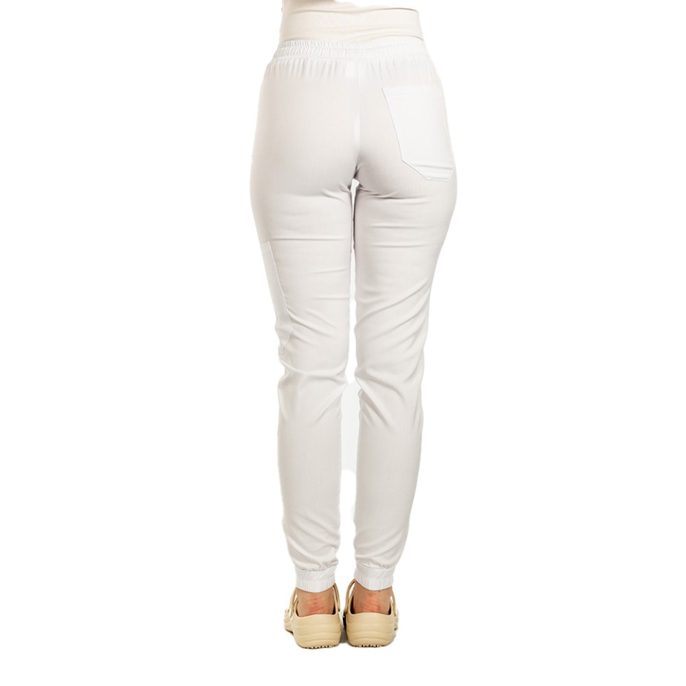 Pantaloni de lucru cu elastan tip jogger alb cu snur si elastic in talie si la glezna