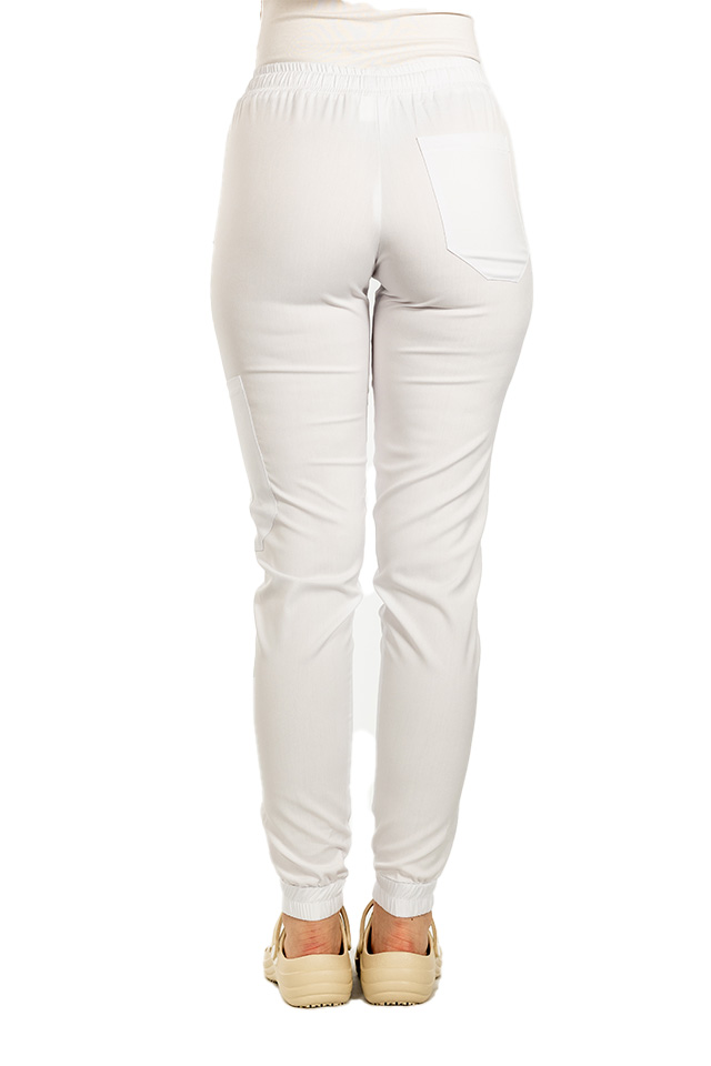 Pantaloni de lucru cu elastan tip jogger alb cu snur si elastic in talie si la glezna