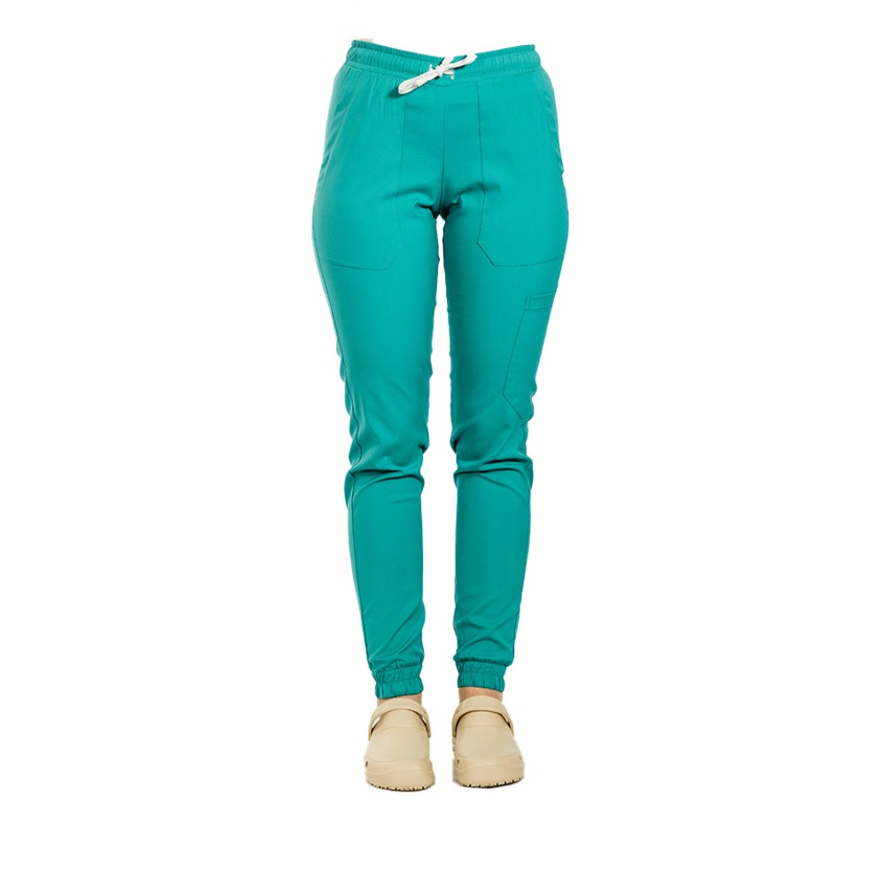 Pantaloni de lucru cu elastan tip jogger verde turcoaz cu snur si elastic in talie si la glezna
