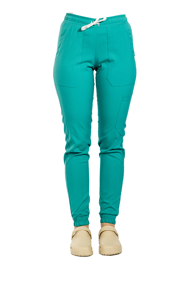 Pantaloni de lucru cu elastan tip jogger verde turcoaz cu snur si elastic in talie si la glezna..