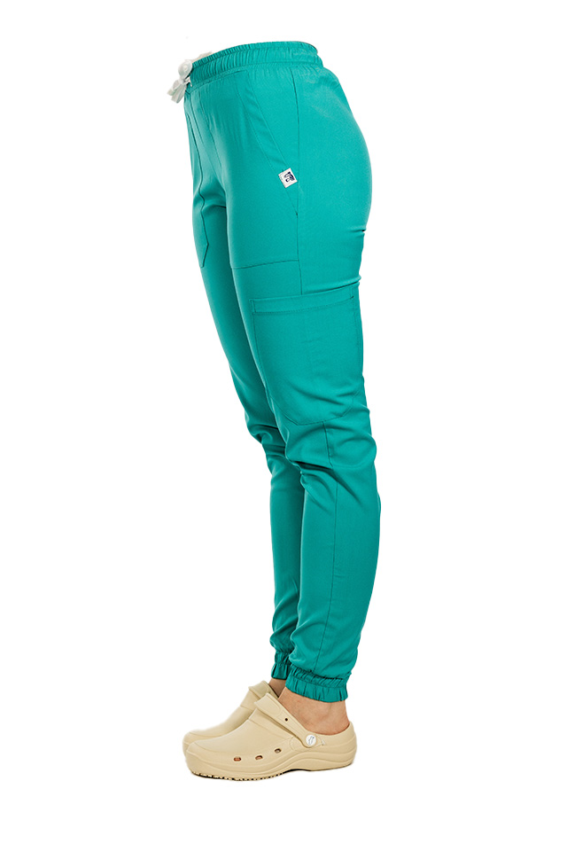 Pantaloni de lucru cu elastan tip jogger verde turcoaz cu snur si elastic in talie si la glezna