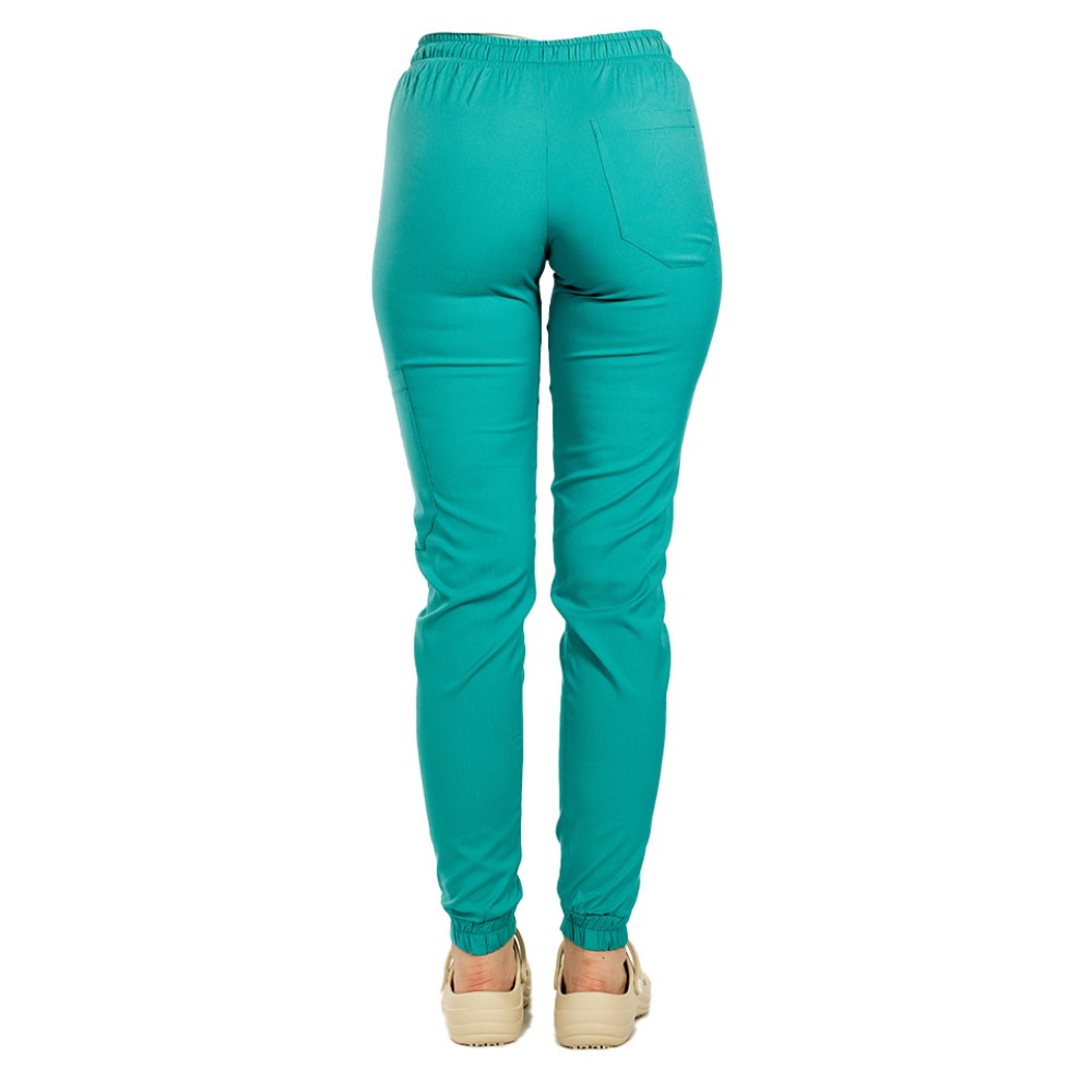 Pantaloni de lucru cu elastan tip jogger verde turcoaz cu snur si elastic in talie si la glezna