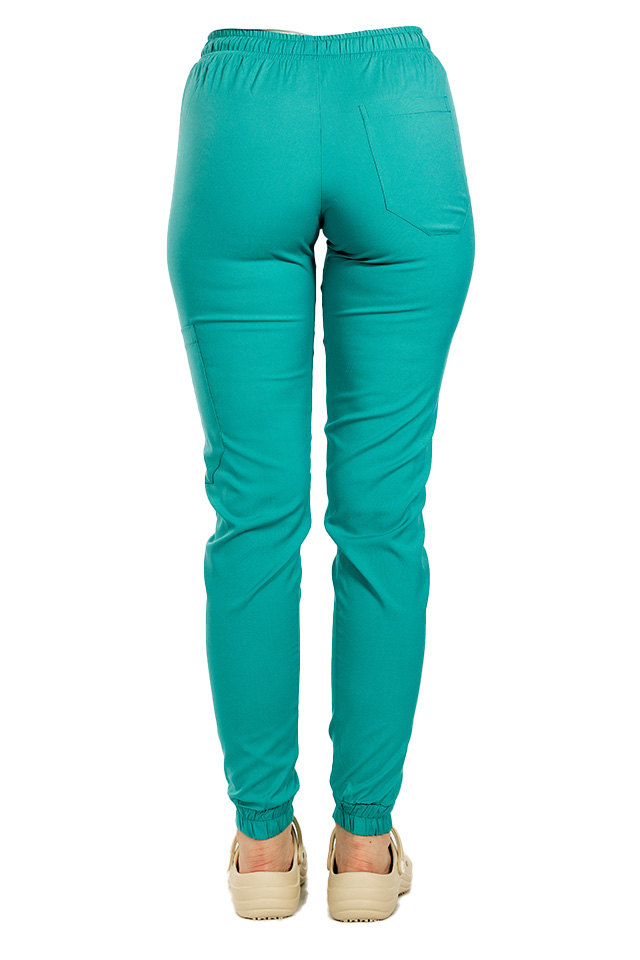 Pantaloni de lucru cu elastan tip jogger verde turcoaz cu snur si elastic in talie si la glezna