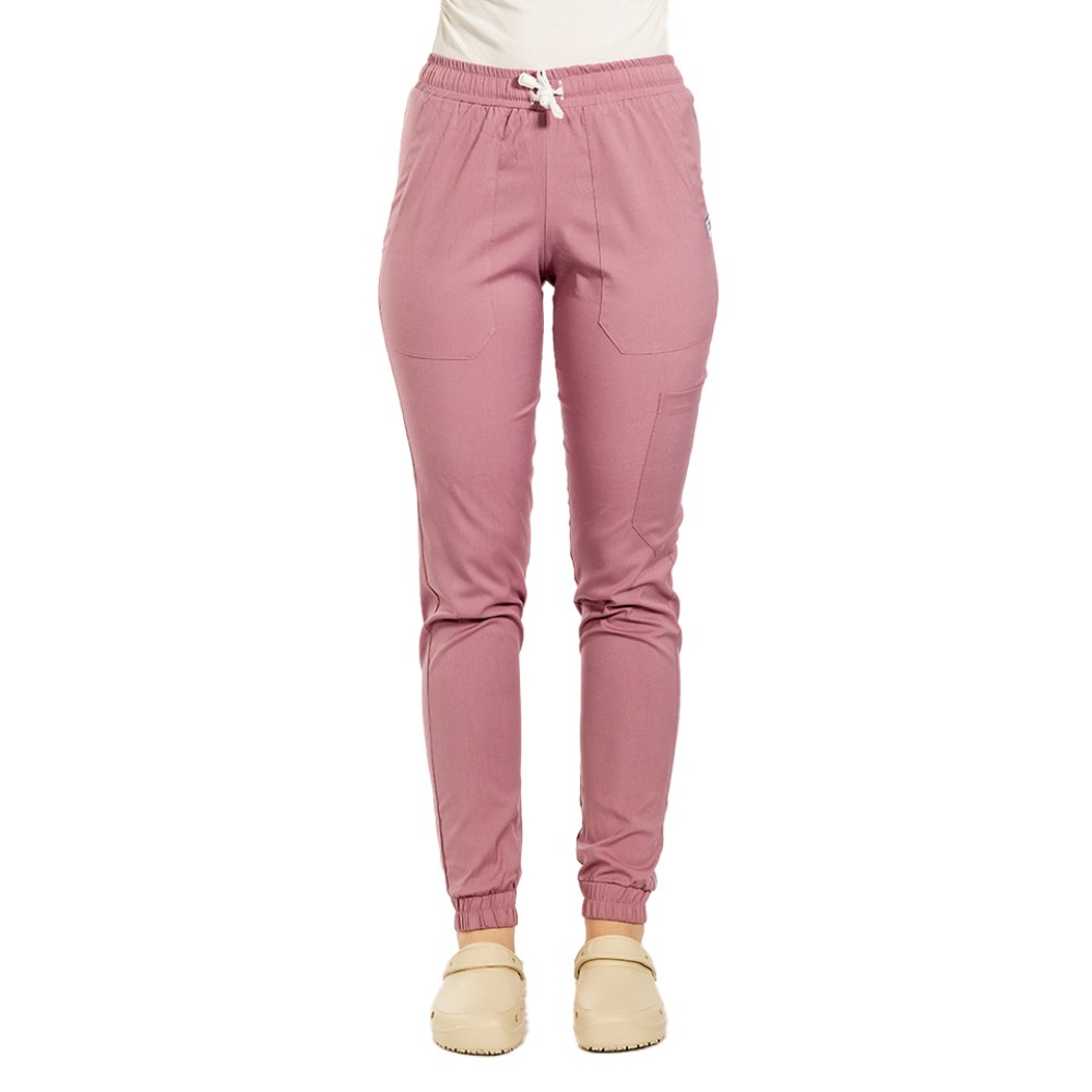 Pantaloni de lucru cu elastan tip jogger roz pudrat cu snur si elastic in talie si la glezna