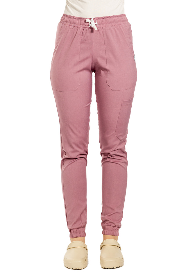 Pantaloni de lucru cu elastan tip jogger roz pudrat cu snur si elastic in talie si la glezna..