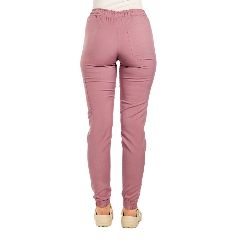 Pantaloni de lucru cu elastan tip jogger roz pudrat cu snur si elastic in talie si la glezna