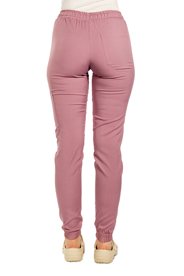Pantaloni de lucru cu elastan tip jogger roz pudrat cu snur si elastic in talie si la glezna