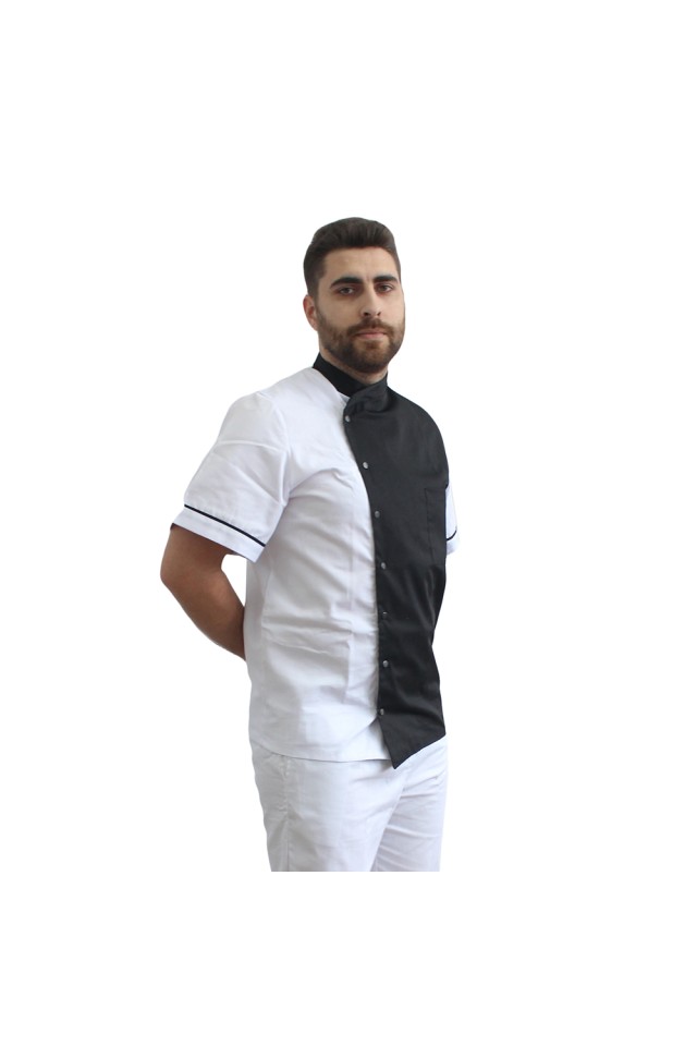 Uniforma bucatar tip tunica alb cu negru