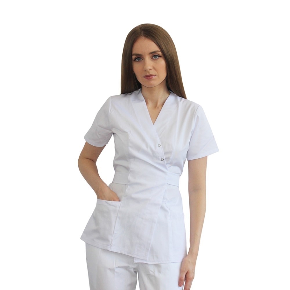 Halat pentru domeniul alimentar kimono alb cu doua buzunare aplicate