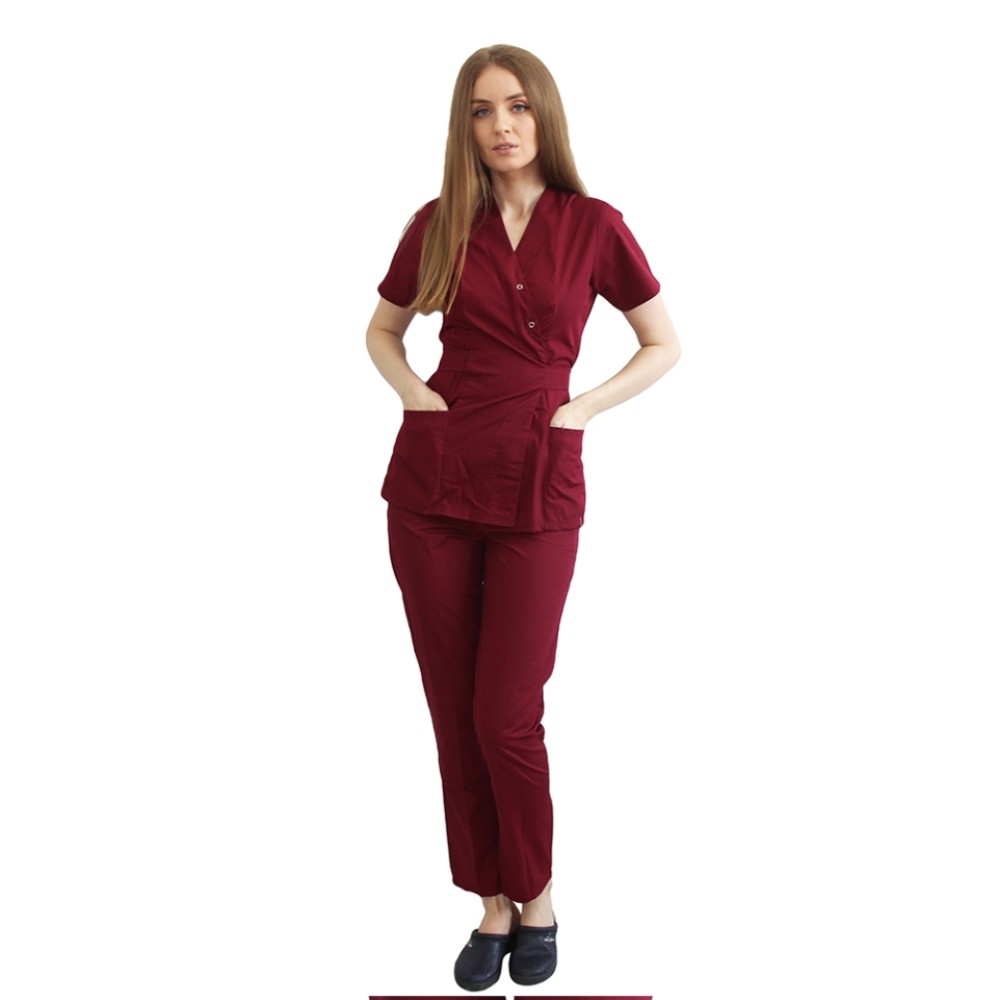 Costum receptionera grena, cu bluza tip kimono si pantaloni cu elastic