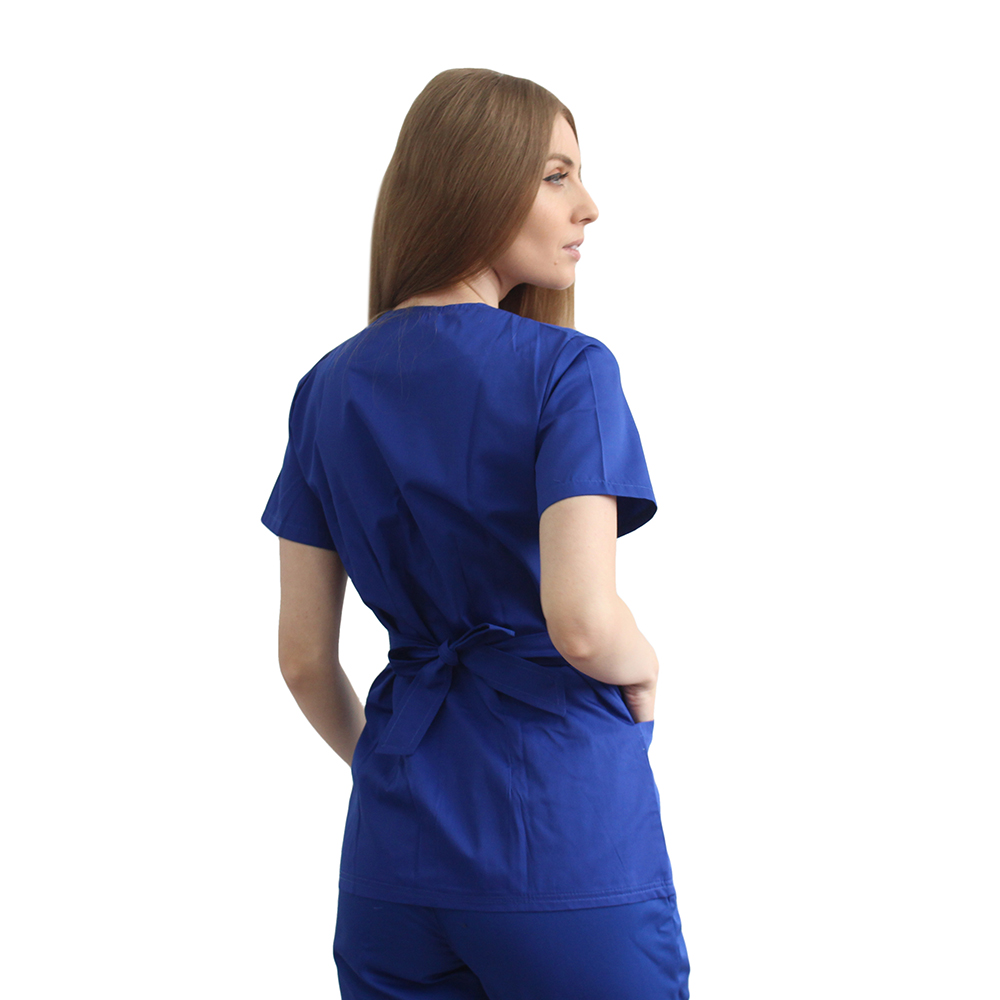 Costum receptionera albastru, cu bluza tip kimono si pantaloni cu elastic