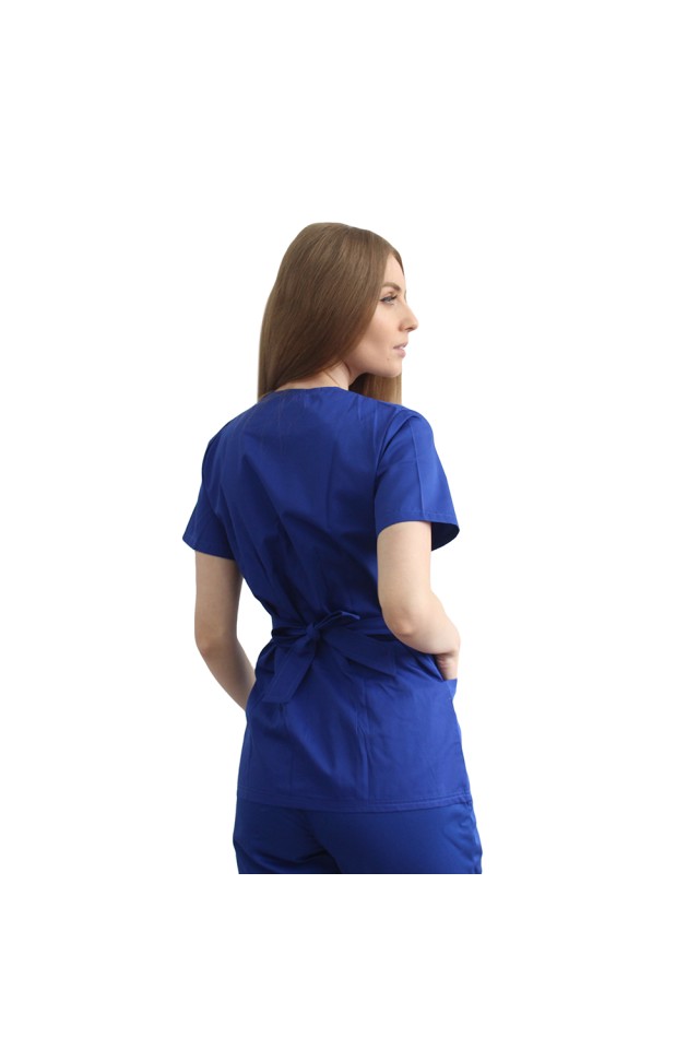 Costum receptionera albastru, cu bluza tip kimono si pantaloni cu elastic