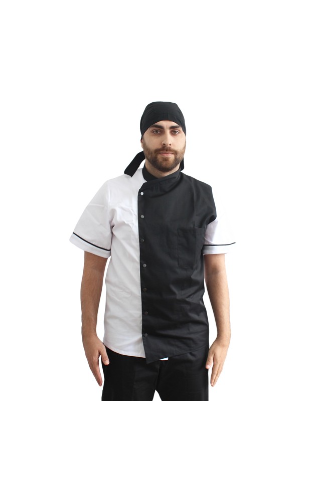 Uniforma bucatar tip tunica alb cu negru