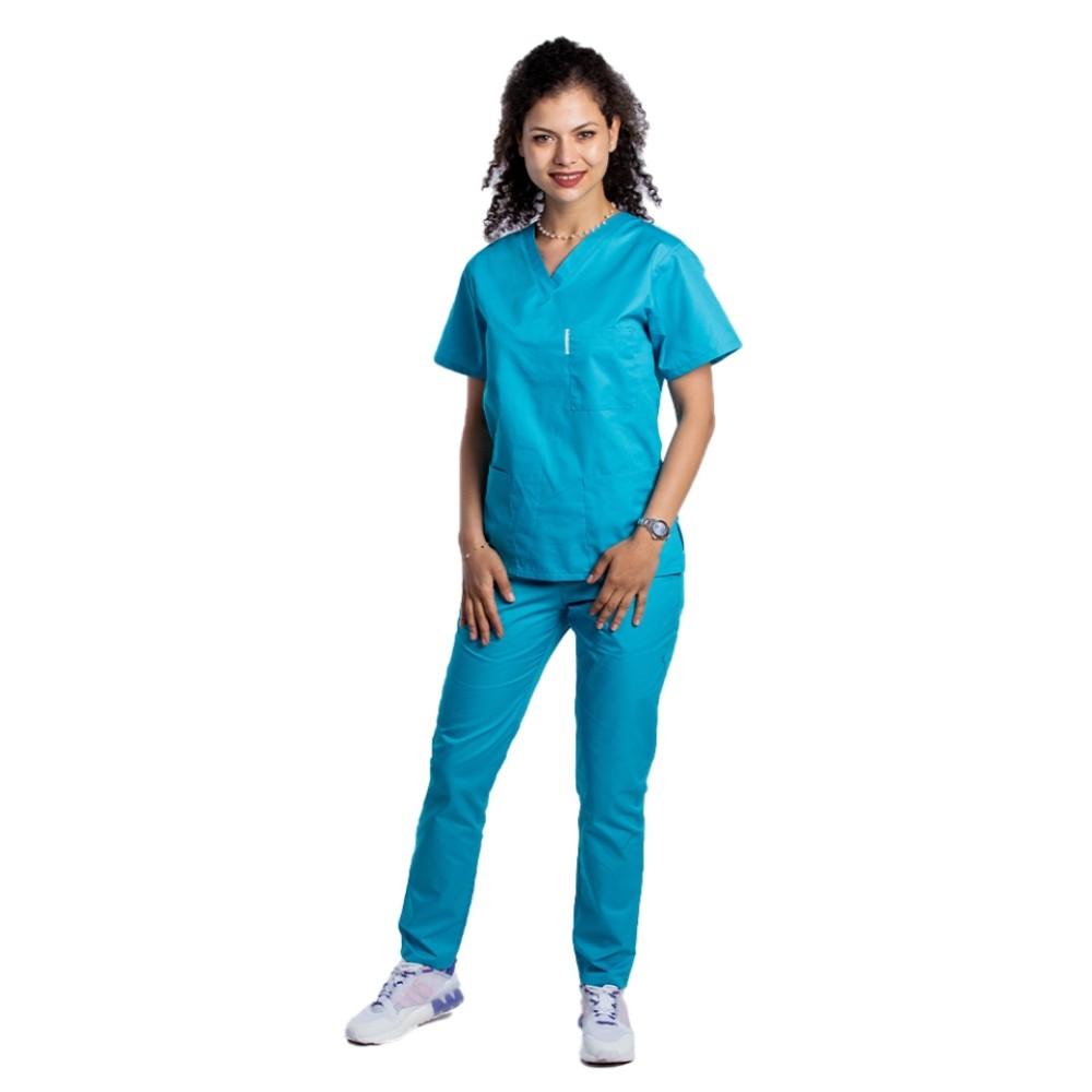 Uniforma de lucru dama turcoaz cu bluza cu anchior in forma V si pantaloni turcoaz cu elastic