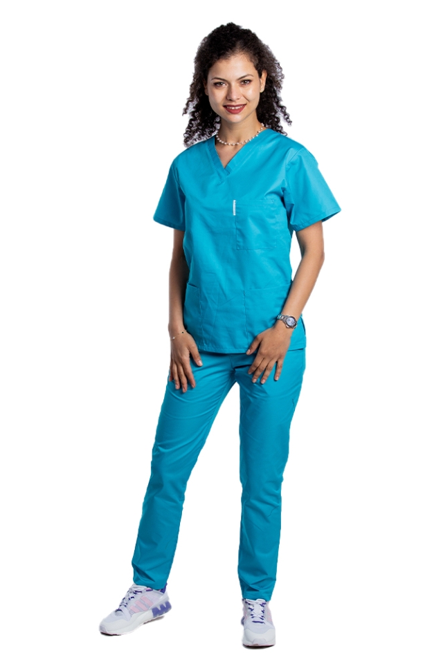 Uniforma de lucru dama turcoaz cu bluza cu anchior in forma V si pantaloni turcoaz cu elastic