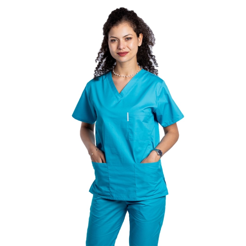 Halat de lucru turcoaz dama cu anchior in V si trei buzunare aplicate