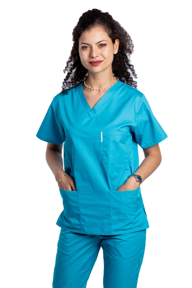 Halat de lucru turcoaz dama cu anchior in V si trei buzunare aplicate